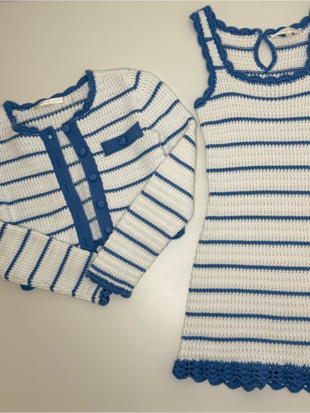 LoveShackFancy Girls Crochet Stripe Tank Dress & Cardigan Set - White and Blue